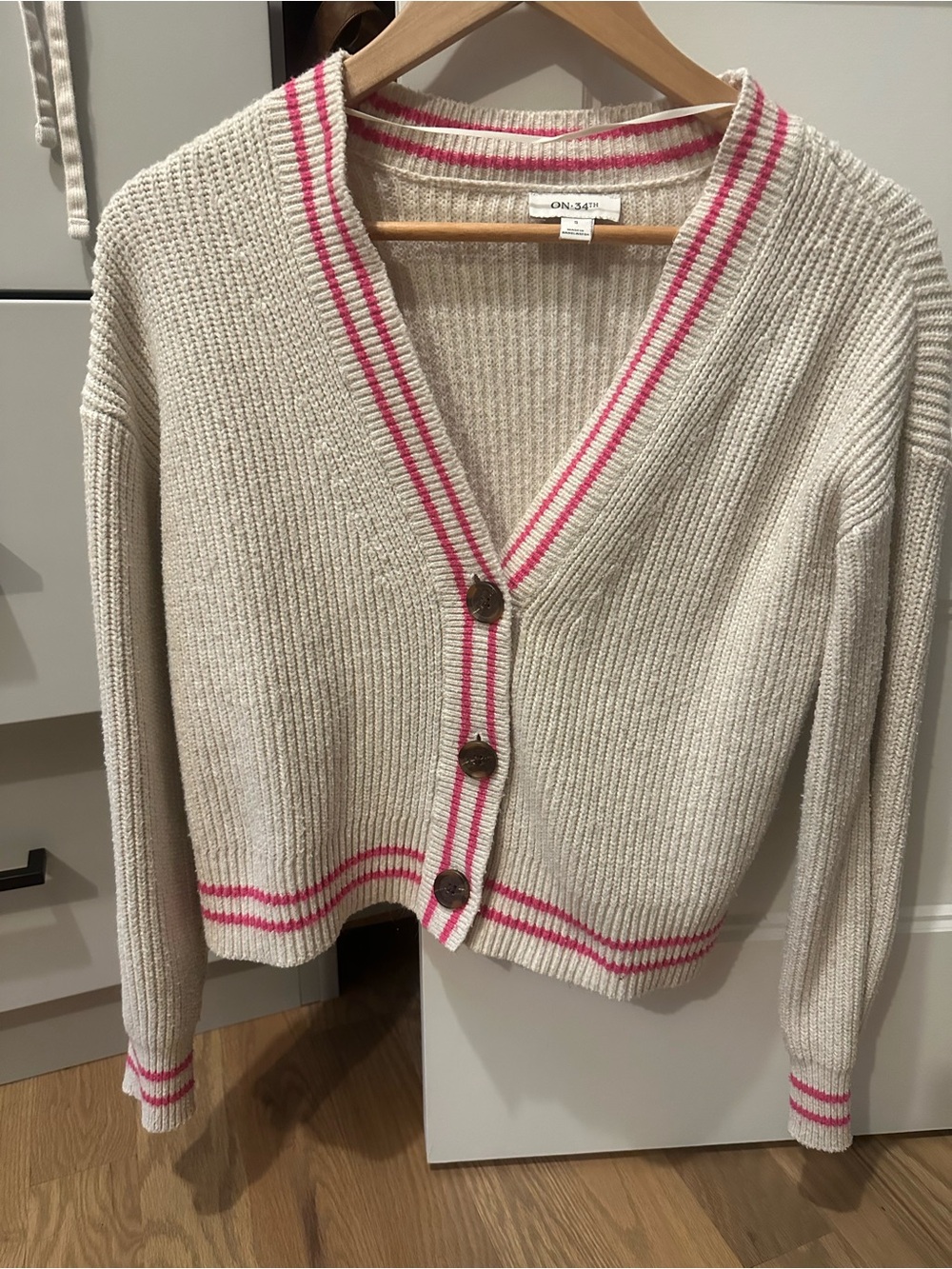 Cream Knit Cardigan with Pink Trim